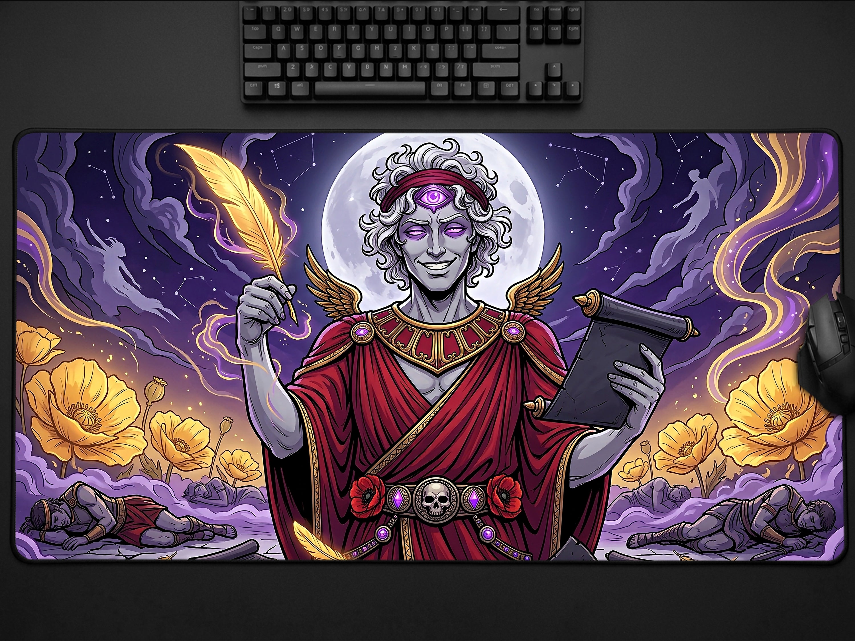 Hypnos Desk Mat, Greek God of Sleep Mythology Mousepad, XL Neoprene Dark Fantasy Dream God