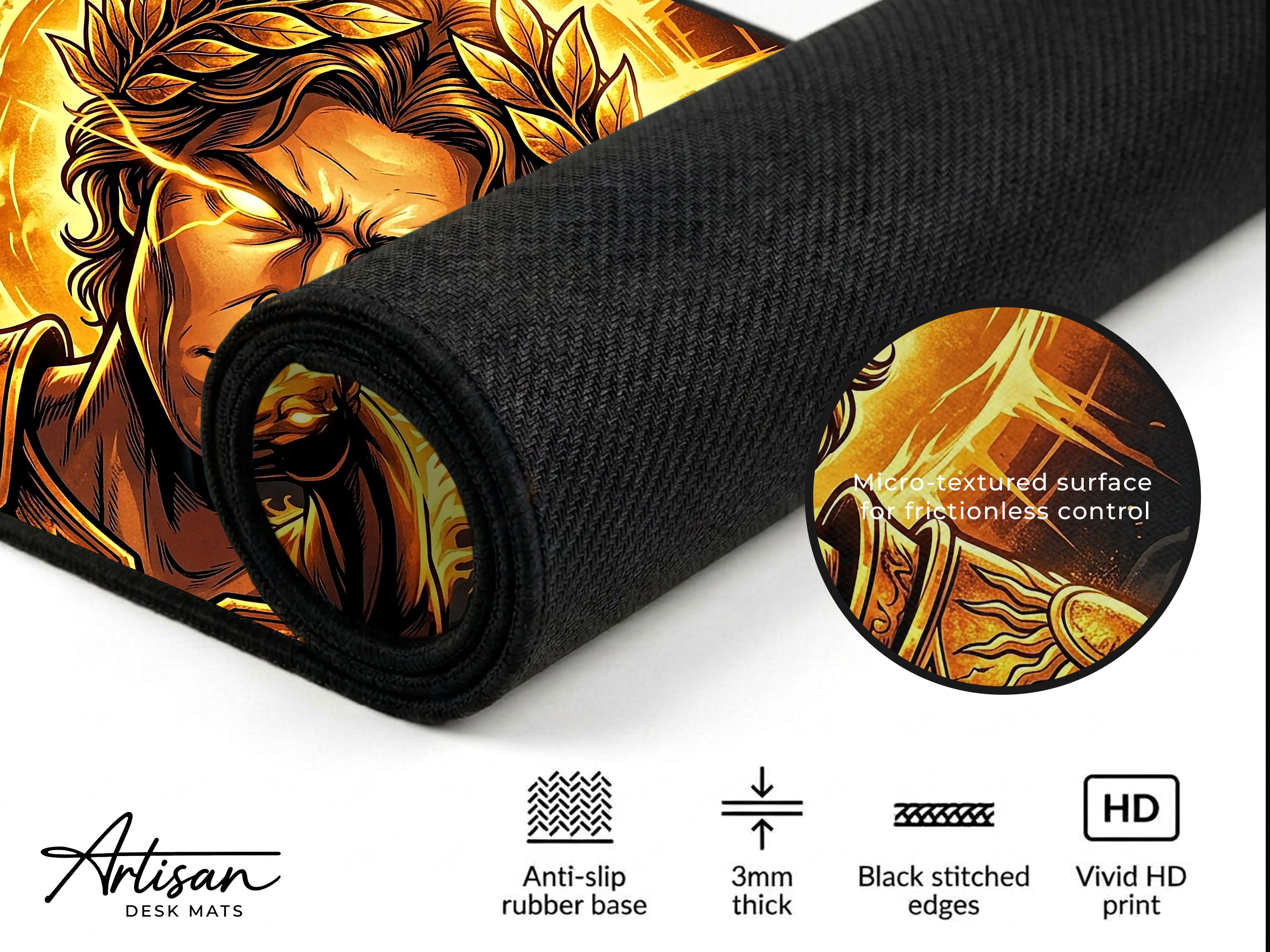 Apollo Desk Mat, Greek God Mythology Mousepad, XL Neoprene Dark Fantasy Sun God
