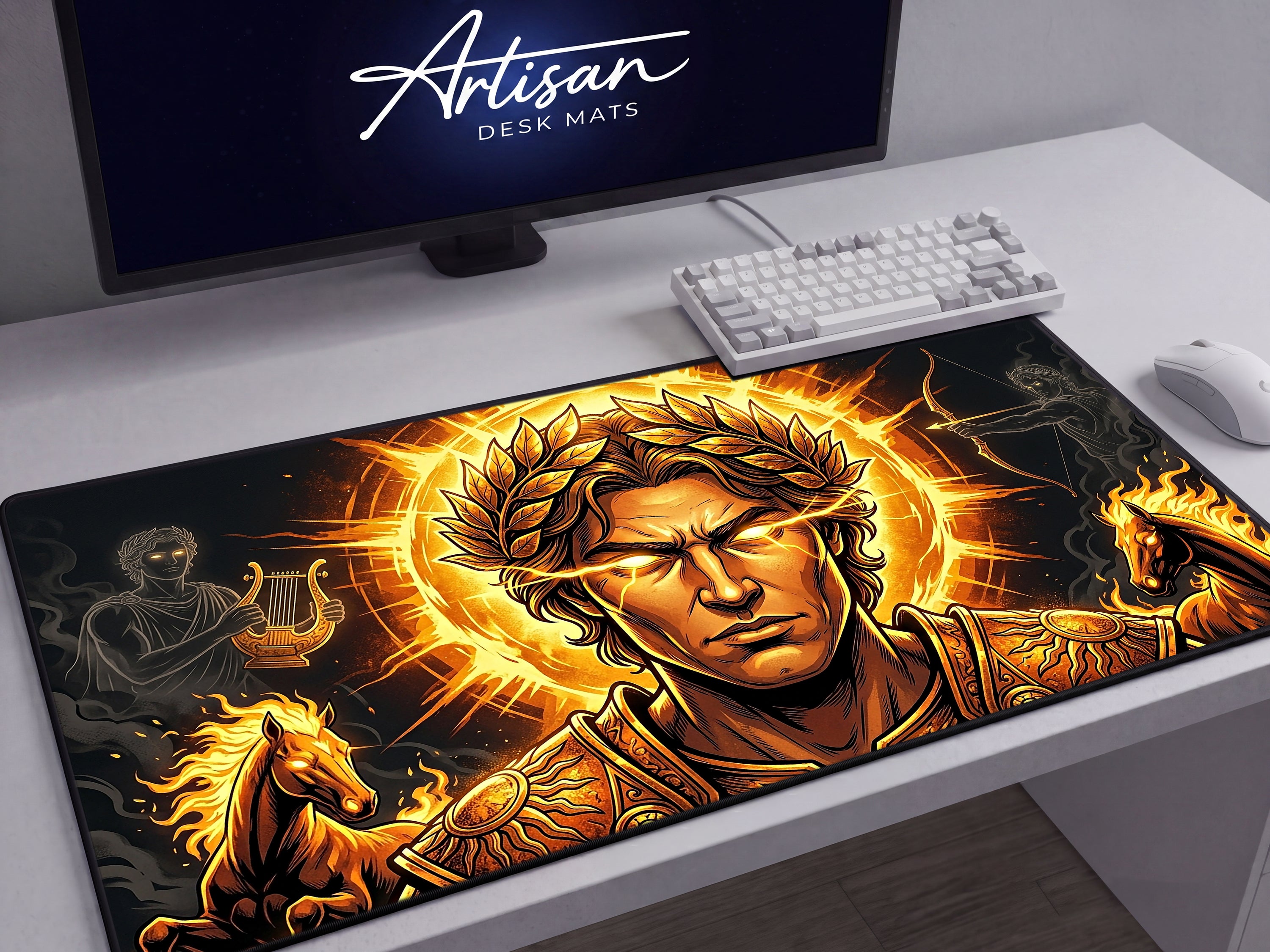 Apollo Desk Mat, Greek God Mythology Mousepad, XL Neoprene Dark Fantasy Sun God