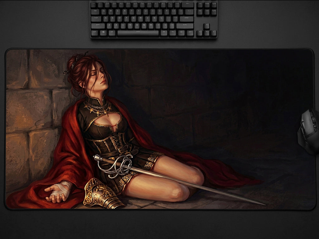 Damiane Desk Mat, Crimson Desert Gaming Mousepad XL Neoprene, Dark Fantasy Rapier Duelist