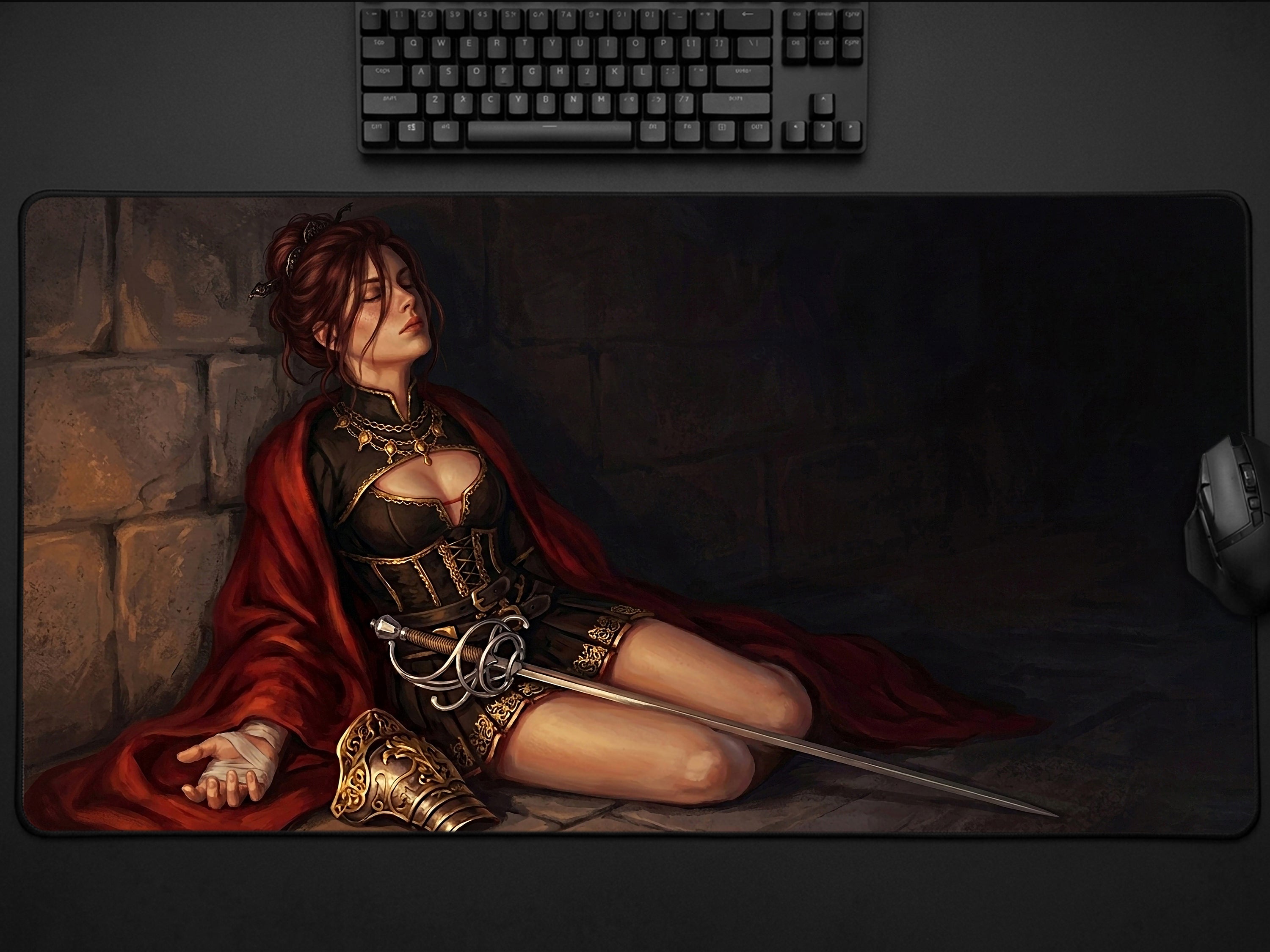 Damiane Desk Mat, Crimson Desert Gaming Mousepad XL Neoprene, Dark Fantasy Rapier Duelist