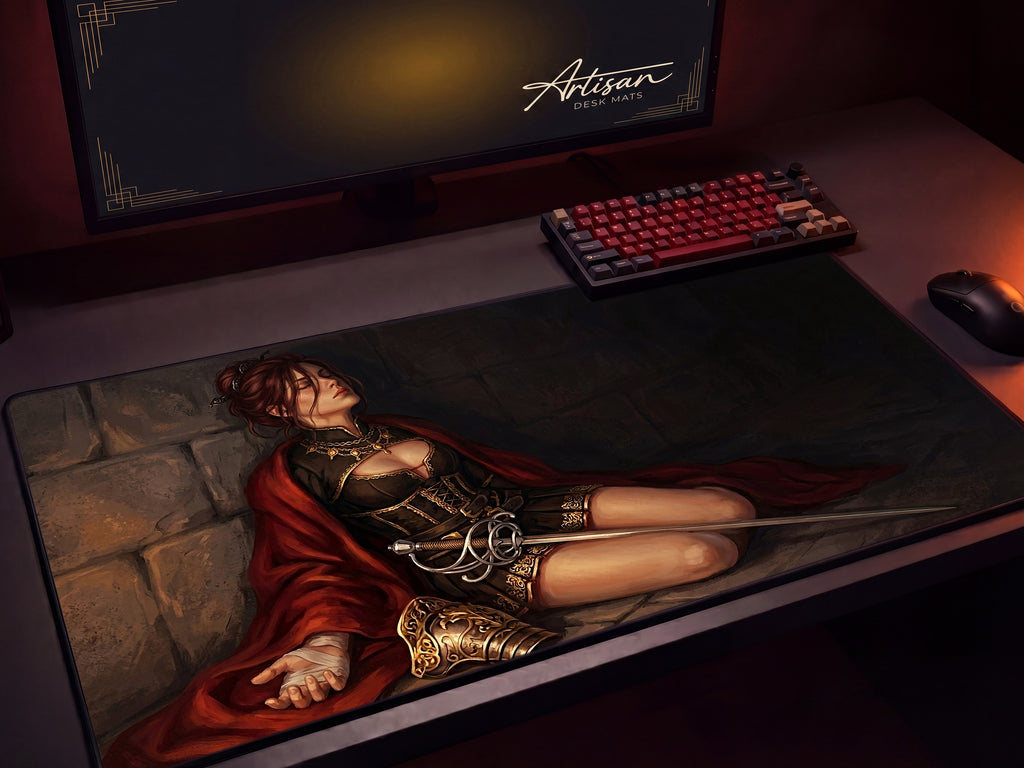 Damiane Desk Mat, Crimson Desert Gaming Mousepad XL Neoprene, Dark Fantasy Rapier Duelist
