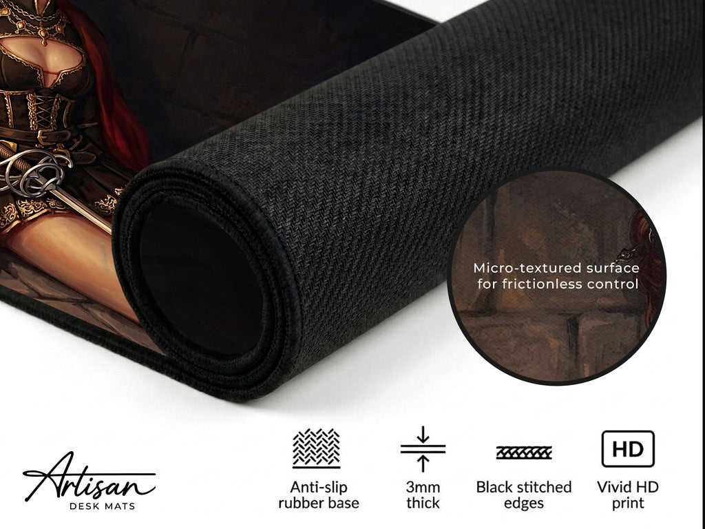 Damiane Desk Mat, Crimson Desert Gaming Mousepad XL Neoprene, Dark Fantasy Rapier Duelist