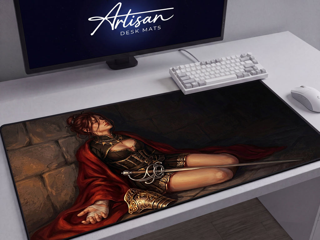 Damiane Desk Mat, Crimson Desert Gaming Mousepad XL Neoprene, Dark Fantasy Rapier Duelist